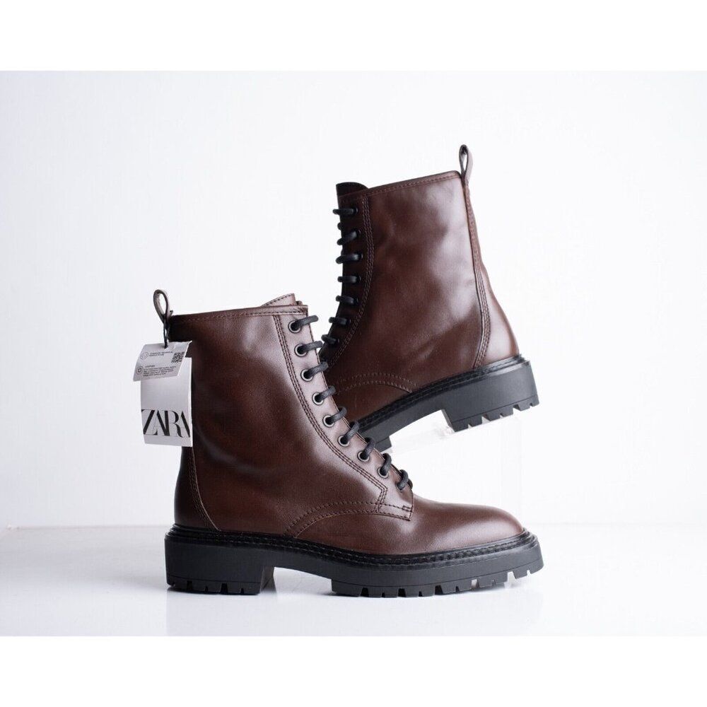Zara Womens Leather Lace Up Combat Ankle Boots Brown US 10 EU 41 1131/310 NWT
